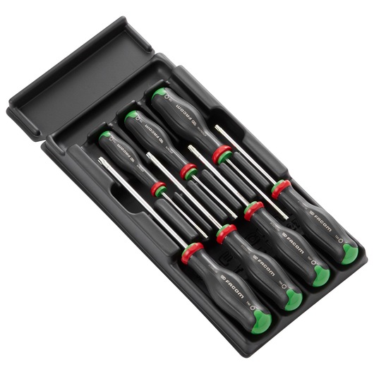 Facom MOD_ATXPB precision screwdriver set, six pieces with black handles, green and red accents, in tray, angled view.