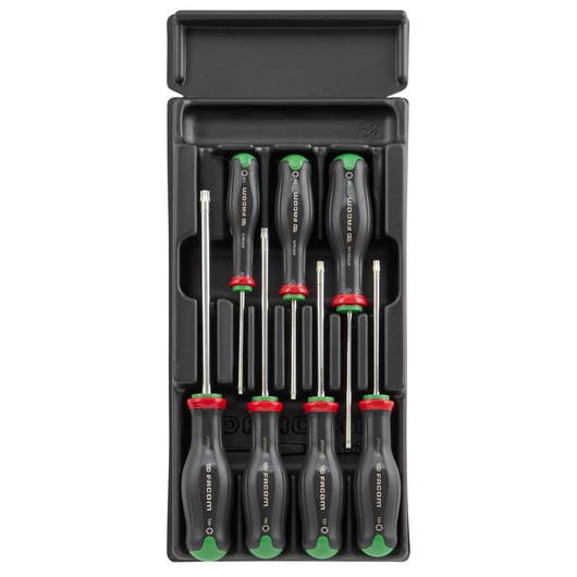 Facom MOD_ATXPB set of nine precision screwdrivers with black handles, green and red accents, in tray, top view.