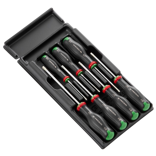 Facom MOD_ATXRPB screwdriver set in black tray with six screwdrivers, black handles with green ends, top view.
