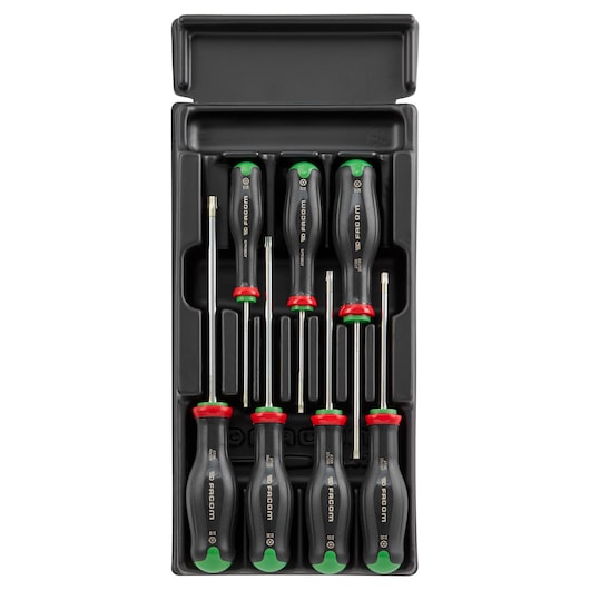 Facom MOD_ATXRPB screwdriver set with black handles, green and red accents, in black tray, top-down view.