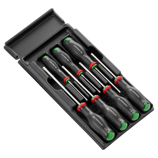 Facom MOD_ATXR screwdriver set in black tray, six screwdrivers with black handles, green and red accents, angled view.