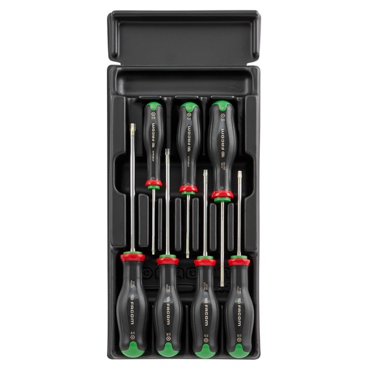 Facom MOD_ATXR screwdriver set in black tray, nine screwdrivers with black handles, red and green accents, top view.