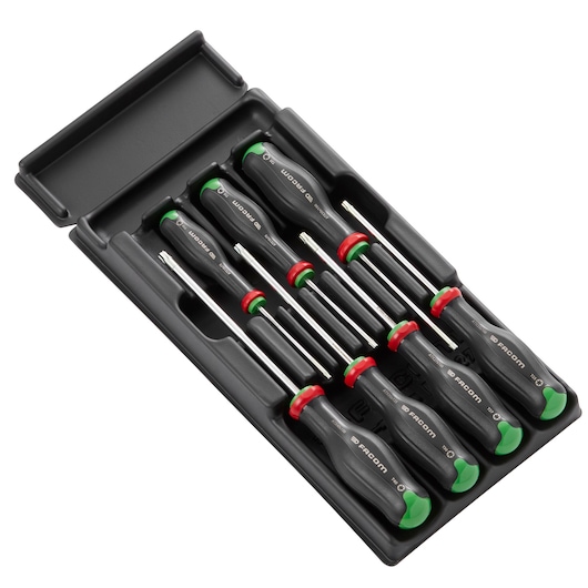 Facom MOD_ATX screwdriver set with green and red handles, in black tray, top angle, photography