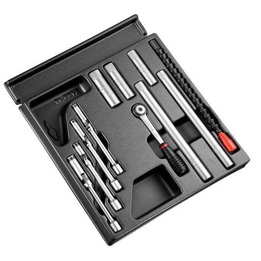 Facom MOD_BJ-GM socket and extension set in black tray, top-down angle on white background.