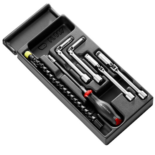 Photo of Facom MOD_BRAPB socket and extension tool set in black tray, top angle, with screwdriver handle.