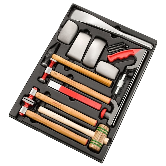 Facom MOD_CAR2 hammer and dent removal tool set in tray, photography, top angle.