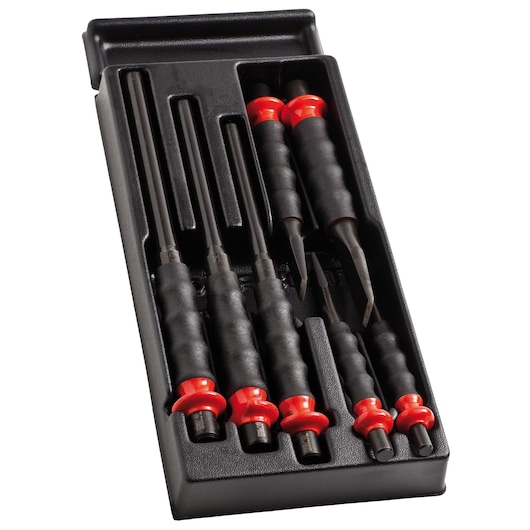 Facom MOD.CG1PB precision tool set in black tray, black handles with red ends, top view.