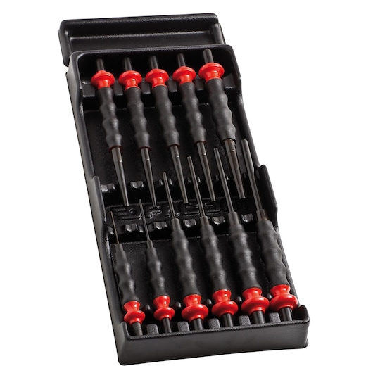 Facom MOD_CG precision screwdriver set with black handles and red tops in a black tray, top angle.