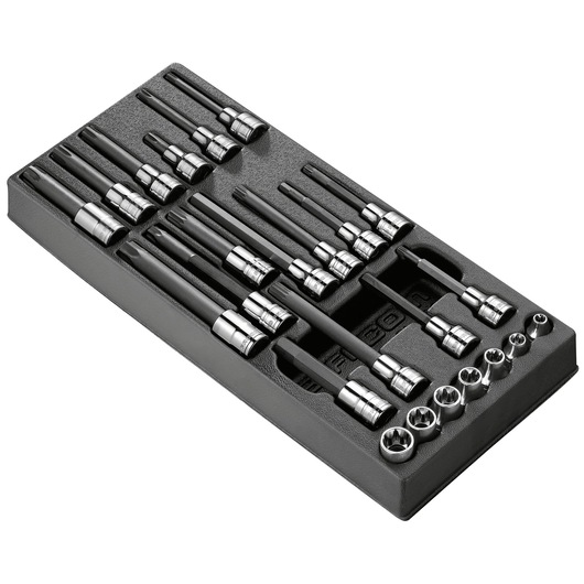 Facom MOD.CHPB socket and bit set in black foam tray, angled view, multiple sizes organized in compartments.