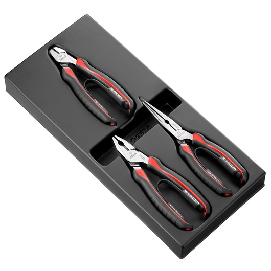 Facom MOD.CPEA0PB pliers set with three black and red pliers in a black tray, top angle on white background.