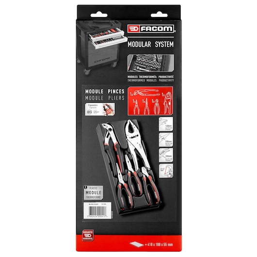 Facom MOD.CPEA5PB modular pliers set in black tray, three pliers with red and black handles, front angle.