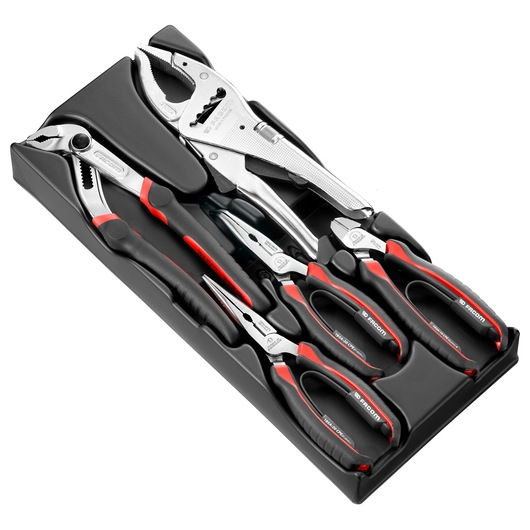 Facom MOD_CPEA5 pliers and wrench set in black tray, angled top view, black and red handles, five tools.