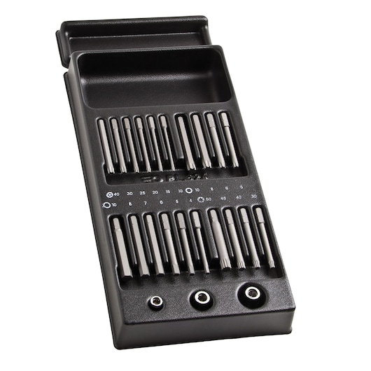 Facom MOD_E20L_1 precision bit set in black tray, top-down angle, showing assorted bits and three sockets, MODE20L.