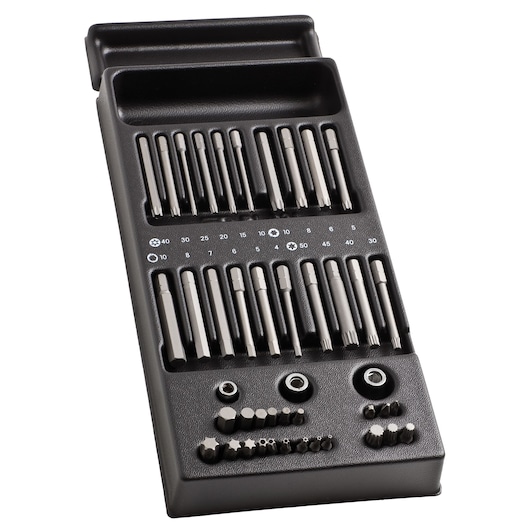 Facom MOD.E41PB bit and socket set in black tray, angled top-down view, showing multiple screwdriver and socket bits.