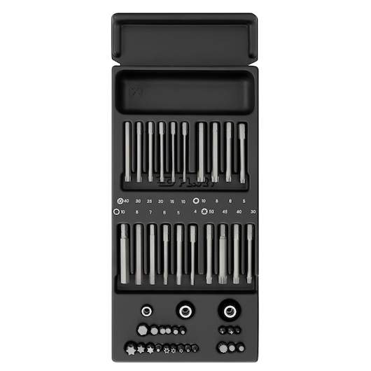 Facom MOD.E41PB socket and bit set with multiple hex and torx bits, black storage tray, top-down angle.
