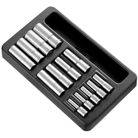 Facom MOD_HLB socket set with multiple chrome sockets in a black tray, top angle on white background.