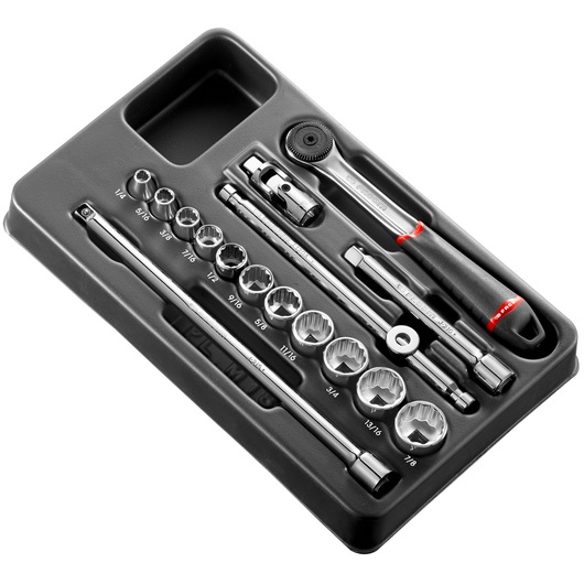 Facom MODJ161-212U socket wrench set with ratchet, extensions, and sockets in black tray, top view.