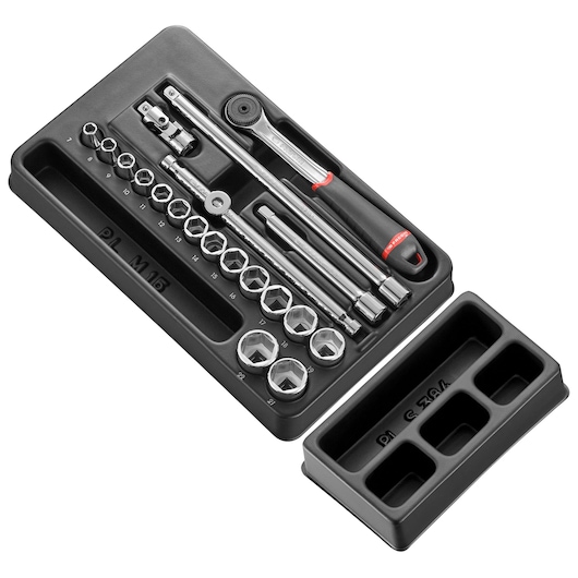 Facom MOD.J161-36PB socket and ratchet set in black tray, viewed at an angle on white background.