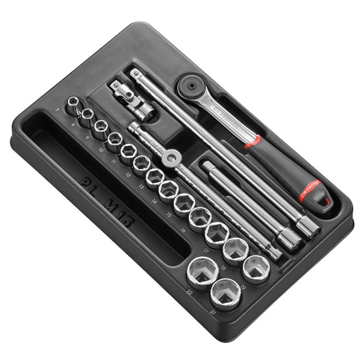 Facom MODJ161-36 socket and ratchet set in black tray, metric sizes visible, angled view on white background.