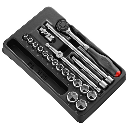 Facom MOD_J360-36 socket set with ratchet, extensions, and screwdriver, angled view on white background.