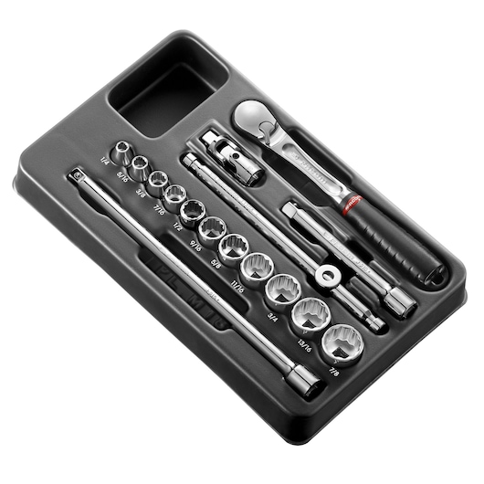 Facom MODJL161-212U socket wrench set in black tray, various sizes, top view, photography.