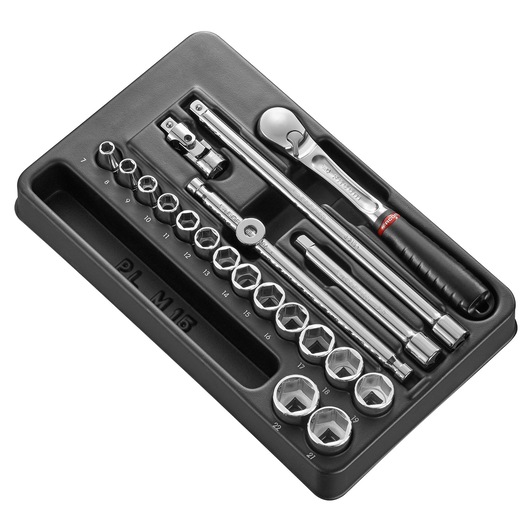 Facom MOD_JL161-36 socket wrench set with ratchet, extensions, and sockets arranged in black tray, angled view.