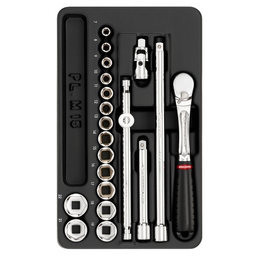 Facom MOD_JL161-36 socket wrench set with ratchet, extensions, and sockets, top view, in black tray.