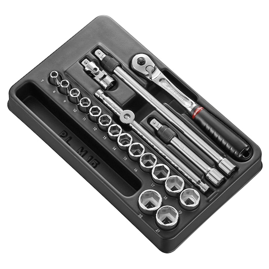 Facom MOD_JL171-36 socket wrench and accessory set in black tray, angled view.