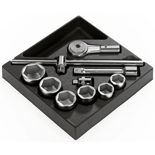Facom MOD_K1 socket wrench set with ratchet, extensions, and sockets in black tray, photographed from above.