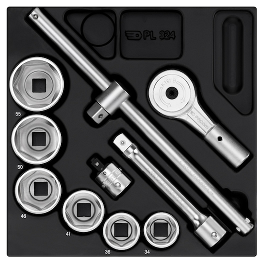 Facom MOD_K1 socket wrench set with ratchet, extensions, and 7 sockets in black tray, top view.