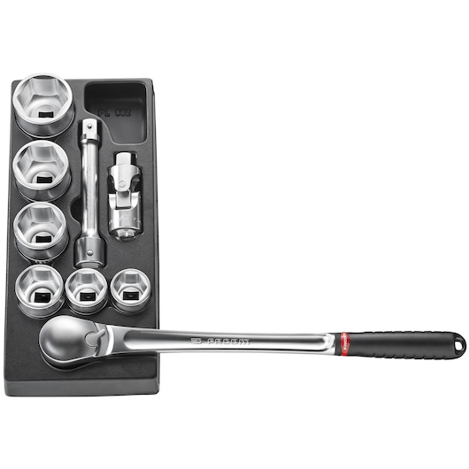 Facom MOD.KL2 socket wrench set with ratchet, extension bar, universal joint, and sockets on white background, top view.