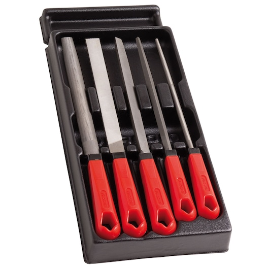 Facom MOD.LIMPB file set with red handles in a black tray, top view, photography of five-piece hand tool set.