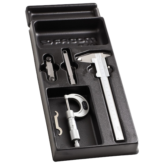 Facom MOD_MET precision measuring tools set in black tray, including caliper and micrometer, angled view.
