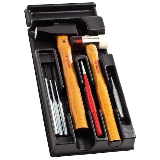 Facom MOD.MI1PB hammer and punch tool set in black tray, top view with wooden handles and assorted metal punches.