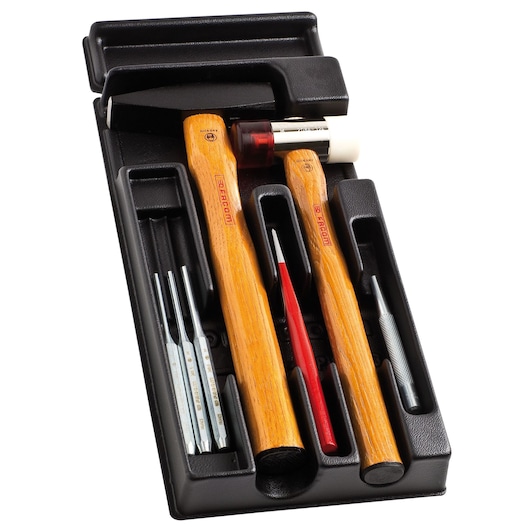 Facom MODMI3 tray with hammers and metal punches, wooden handles, top angle on white background.