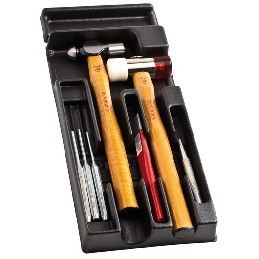 Facom MOD_MI4 hammer and punch set in black tray, photographed from above on white background.
