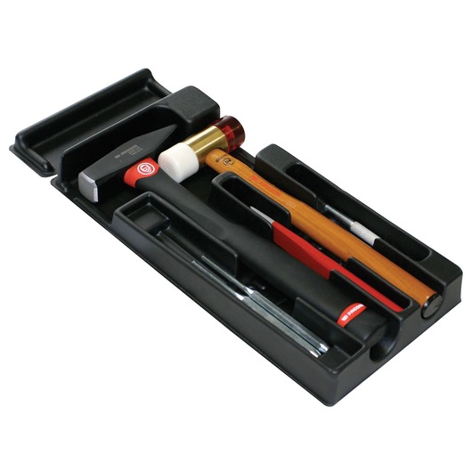 Facom MODMI7 tool tray with assorted hammers and tools, black plastic tray, angled view.