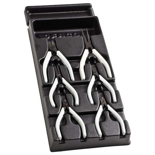 Facom MOD_MT1 mini pliers set in black molded tray, five pliers with white handles, top view.