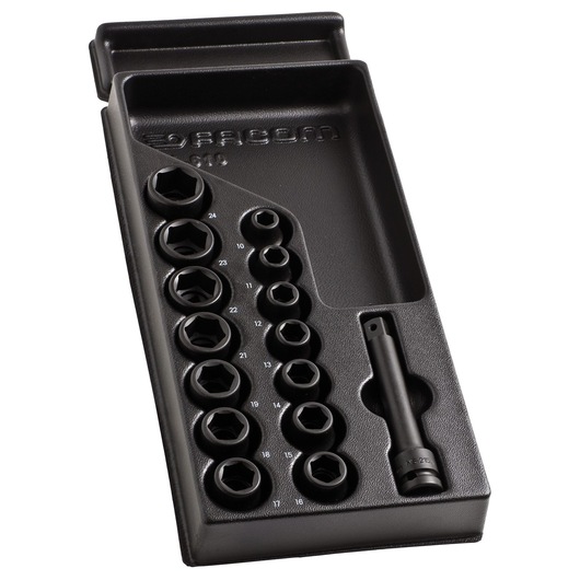 Facom MOD_NS1 socket set with 12 sockets and extension bar in black plastic tray, photographed at an angle, SKU MOD_NS1.