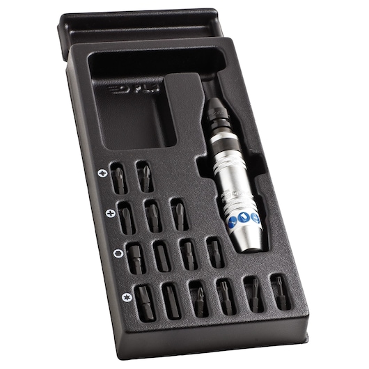 Facom MOD.NS260PB impact driver and bit set in black tray, photographed at an angle on white background.
