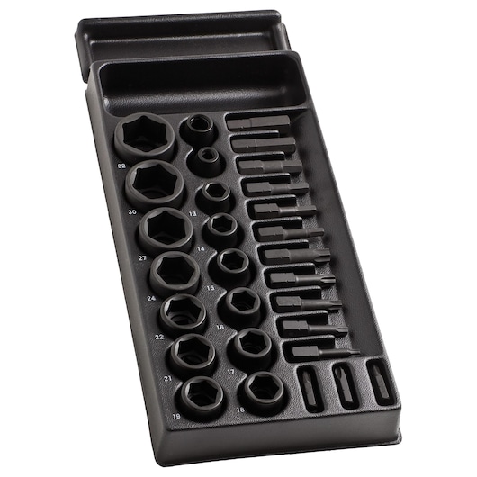 Facom MOD_NS2 socket and bit set in black tray, top angle on white background.