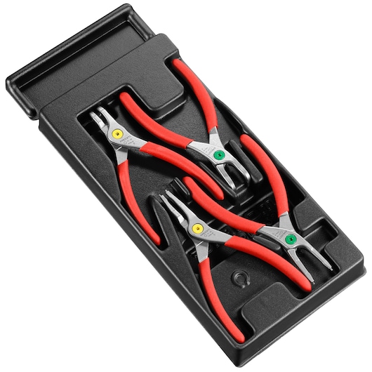 Facom MOD.PCPB set of circlip pliers with red handles in a black tray, top view, white background.