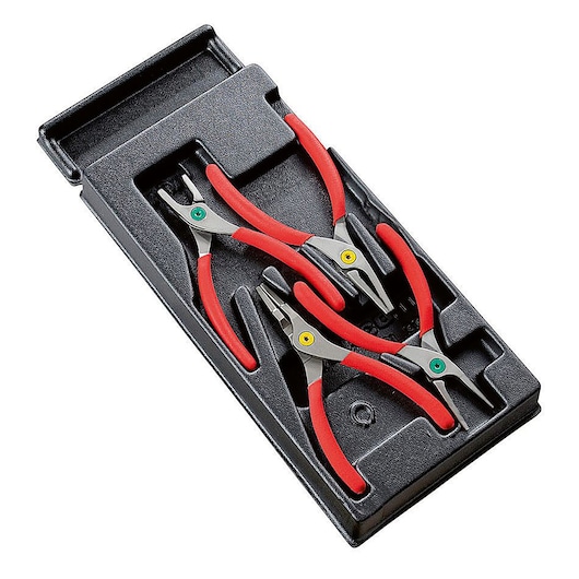 Facom MOD_PCSNPB plier set with red handles in black tray, top angle, tool photography.