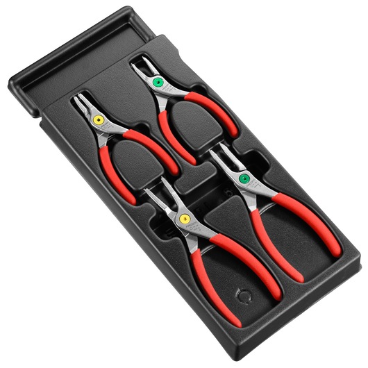 Facom MOD_PCSN set of three precision pliers with red handles in a black tray, top angle.