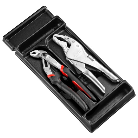 Facom MODPR11 pliers and locking pliers set in black tray, photographed from above on white background.