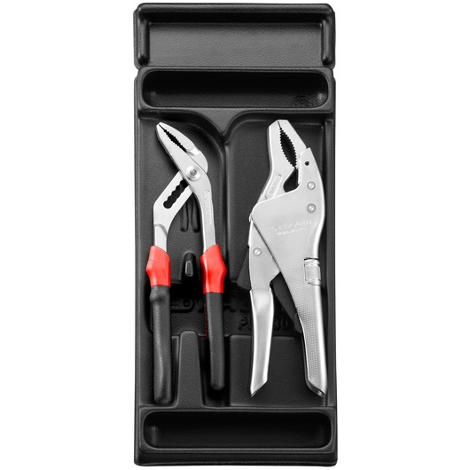 Facom MOD_PR4 pliers and locking pliers set in black tray, front angle, red and black handles.