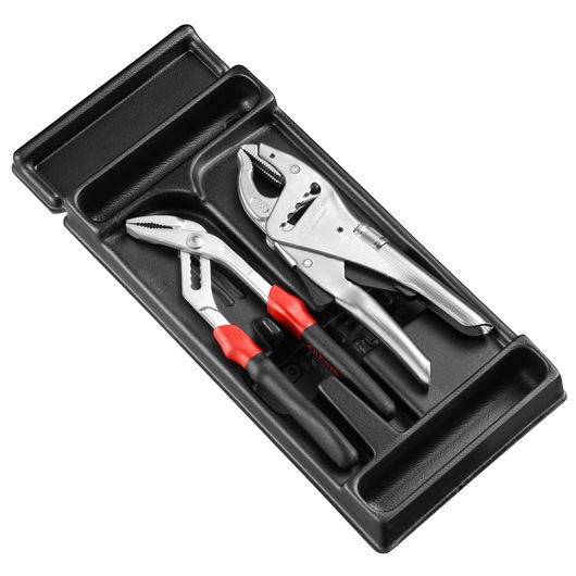 Facom MOD_PR8 pliers and locking pliers set with red and black handles in a black tray, angled view.