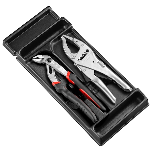 Facom MOD_PR9 tray with adjustable pliers and locking pliers, photo from above on white background.