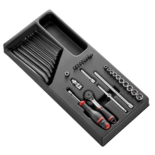 Facom MODR161-16 hand tool set with sockets, hex keys, ratchet, extensions, and bits in black tray, angled view.
