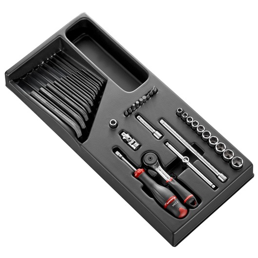 Facom MODR161-1U socket and wrench set with black tray, assorted wrenches, bits, and ratchet handle, angled view.
